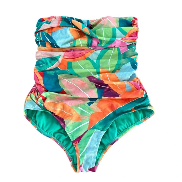 NWOT Time and Tru 1X Womens Strapless Tropical One Piece Swimsuit Green Ruched - Picture 2 of 7